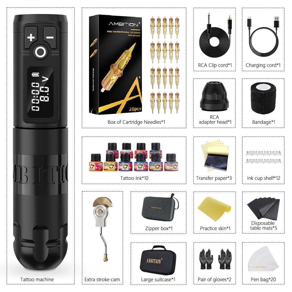 Ambition Ambition Soldier Tattoo Machine Kit Complete Rotary Wireless Tattoo Pen Gun Kit with 20pcs Glory Tattoo Cartridge Needles Practice Skin Supplies for Beginners & Professional Artists, Black