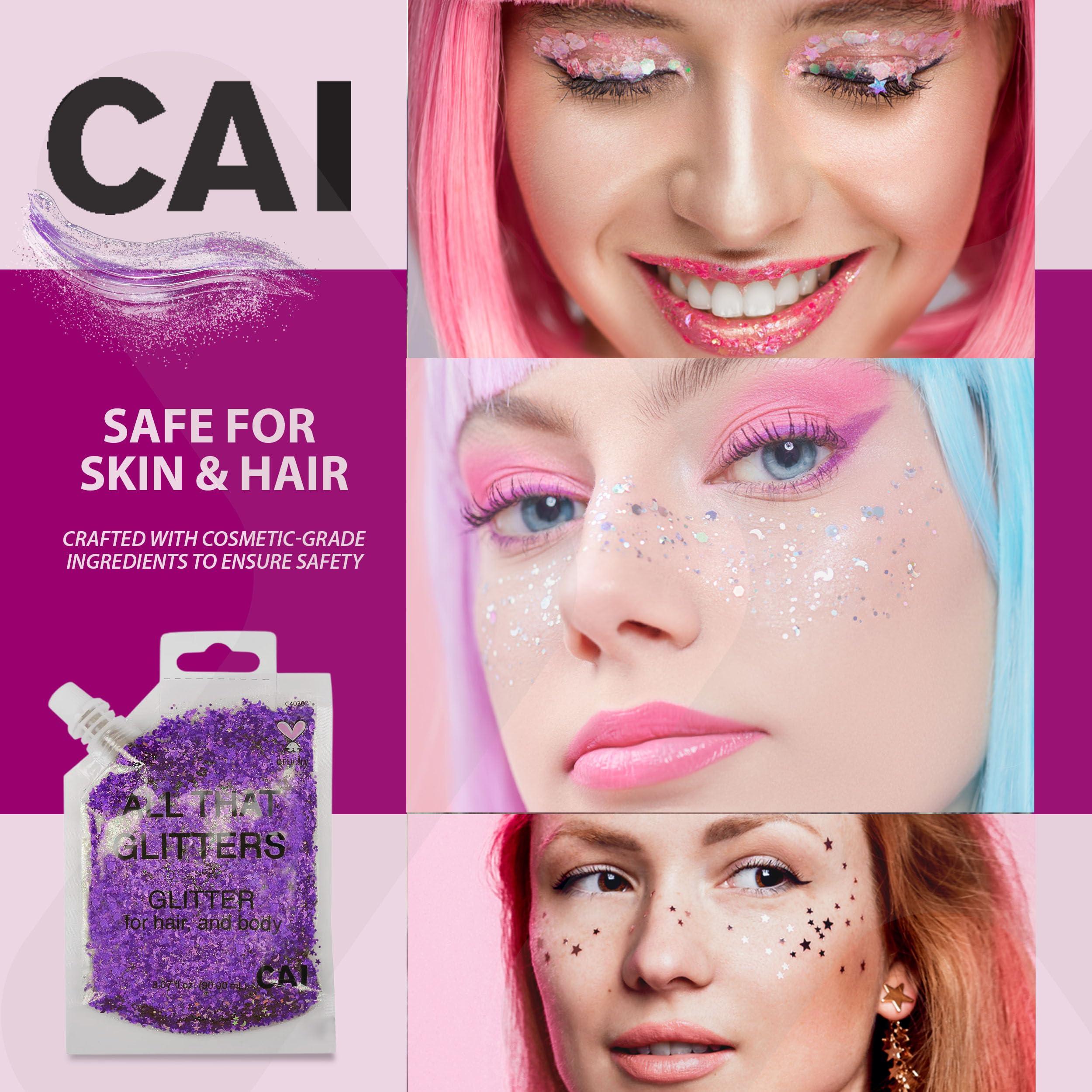 CAI BEAUTY NYC Body Glitter Gel- Face, Body & Hair (1 Pk Violet) Chunky Iridescent Holograph Stars & Moon, 3 oz | Cosmetic-Grade Makeup, Apply Without Glue, Easy to Take Off & Keep Skin Clean - for Concerts, Raves