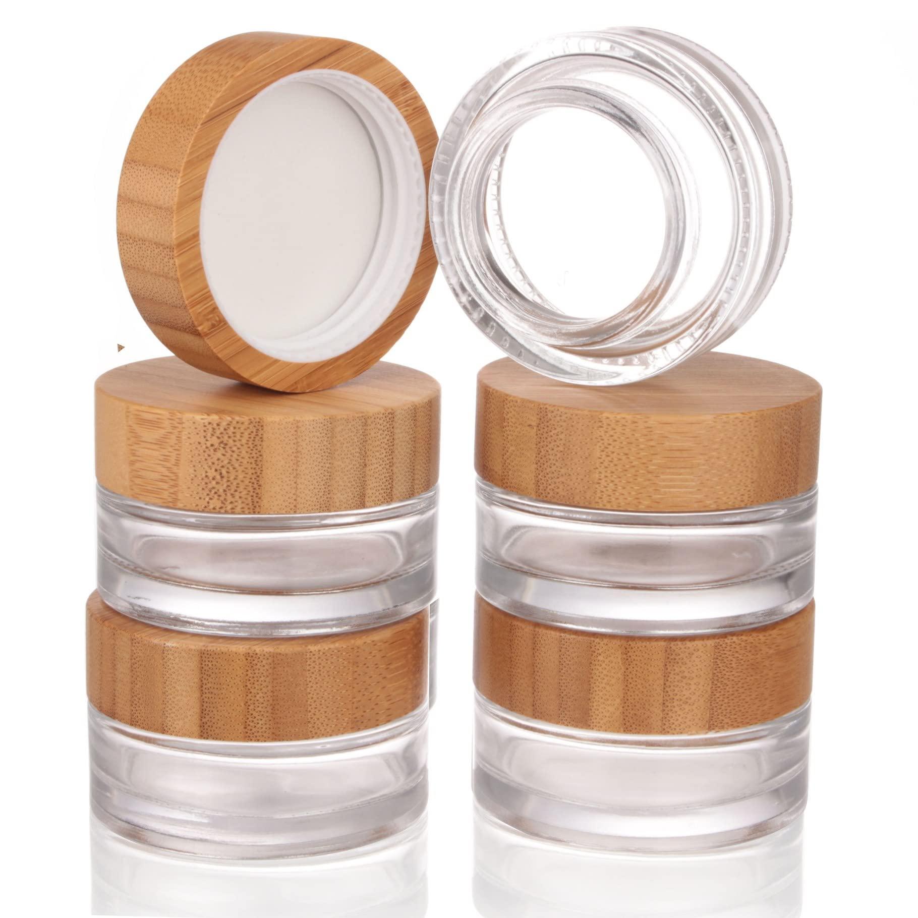 COSIDEA COSIDEA 5pcs Empty 1 OZ/30g Round Clear Glass Jars with Bamboo lids, Bamboo Cream Jar Refillable Cosmetic Travel Containers for Lip Balm, Ointments, Lotion Packing