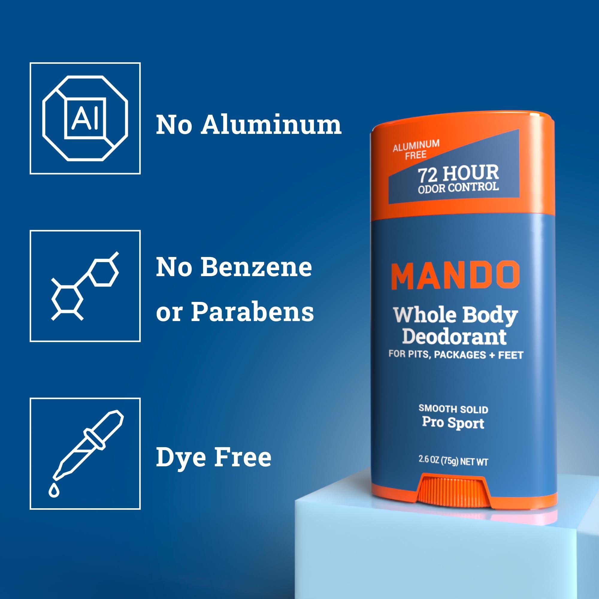 Mando Mando Smooth Solid Stick (2.6 Ounce) + Acidified Body Wash (0.5 Ounce) - Clinically Proven to Block Odor All Day - Whole Body Safe For Pits, Packages + Feet (Pro Sport)