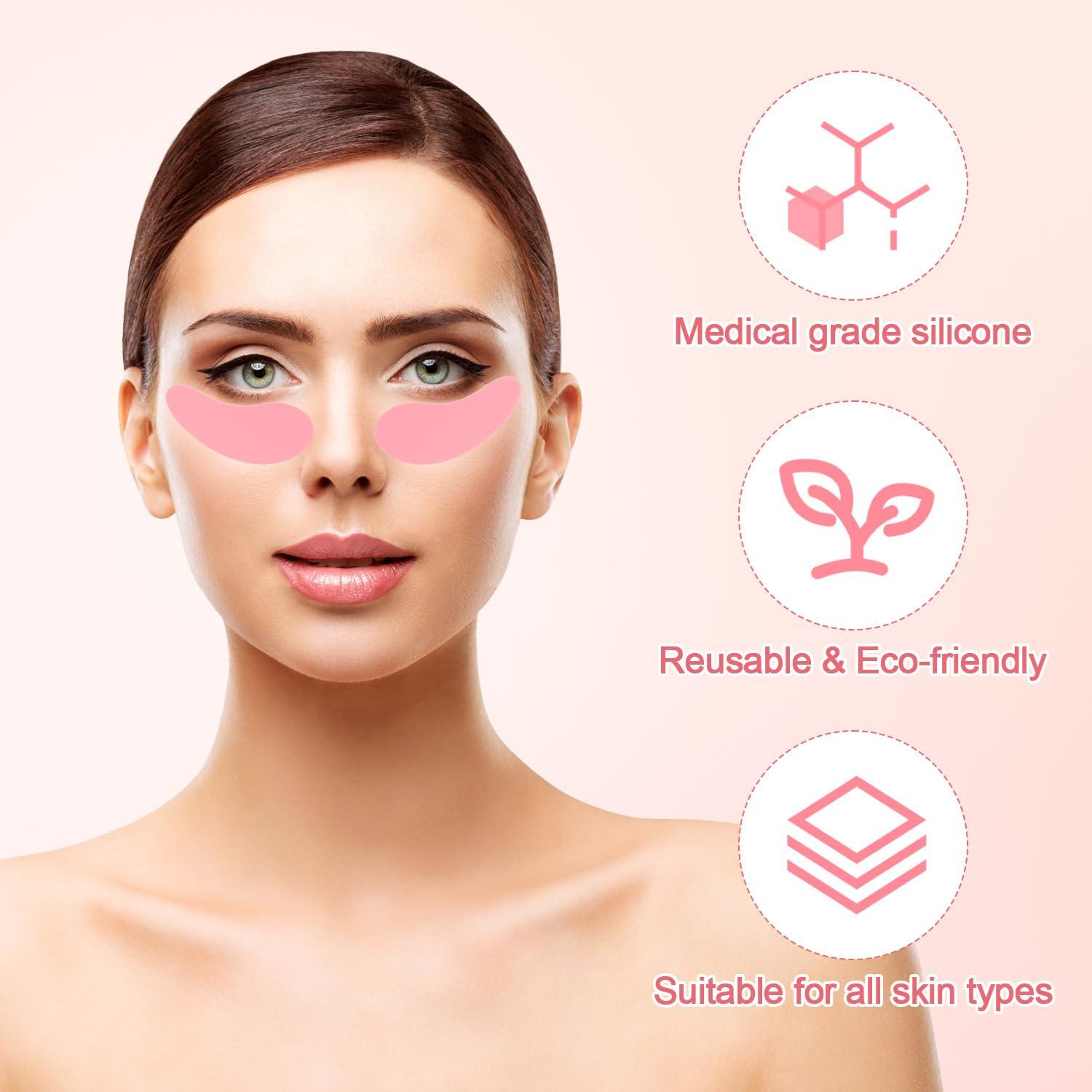 NQEUEPN 1 Pair Reusable Eye Patch, Silicone Reusable Eye Gel Pads Eye Wrinkle Patches Under Eye Mask, Plump Fine Lines & Wrinkles with Metal Eye Cream Applicator & Tin Case (Pink)