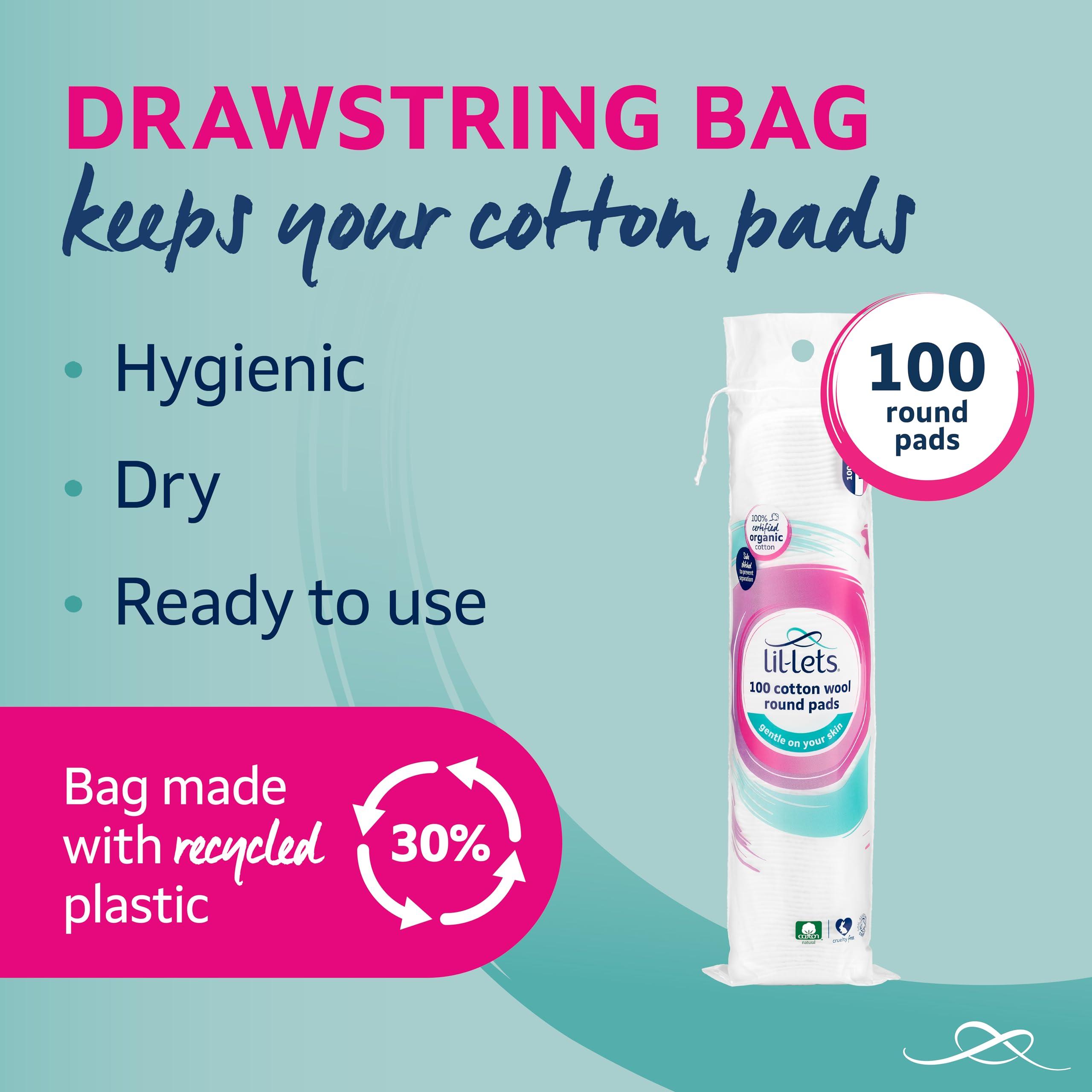 Lil-Lets Lil-Lets Cotton Wool Round Pads, Certified Organic, 100% Pure Cotton Wool, Soft and Absorbent, Gentle on Skin, Dermatologically Tested, Pack of 100 Pads