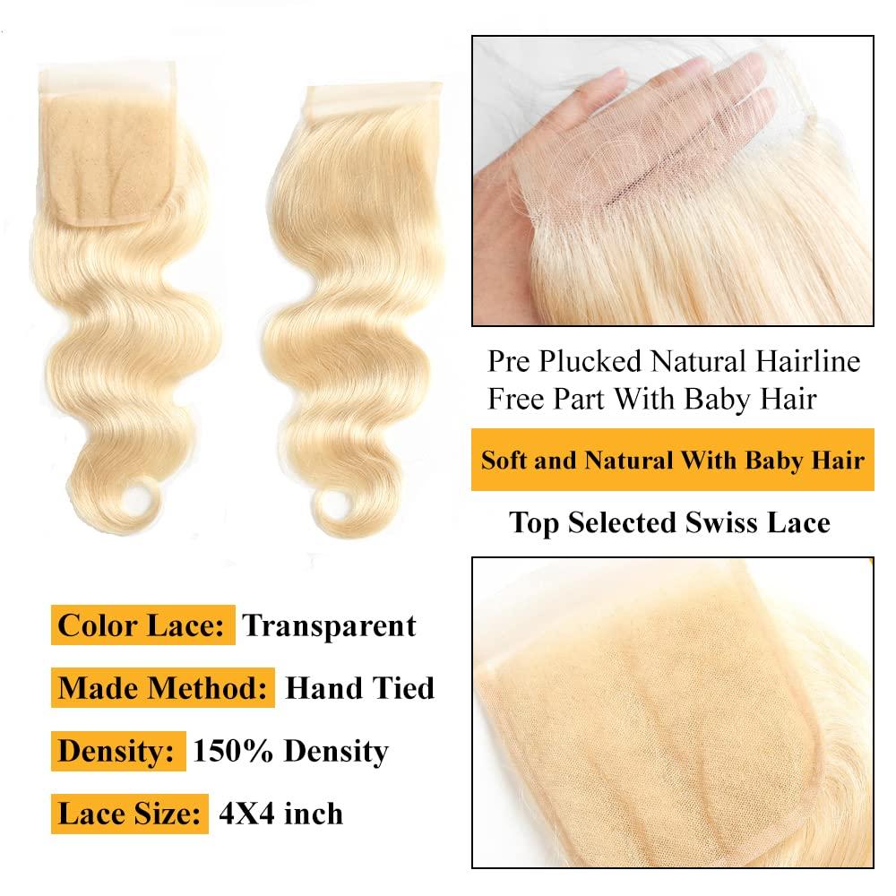 QTHAIR QTHAIR 14A Russian Blonde #613 Transparent Lace Frontal Closure 100% Russian Blonde Human Hair for Female (14\", 613 Body Wave Closure) 613 Blonde Closure