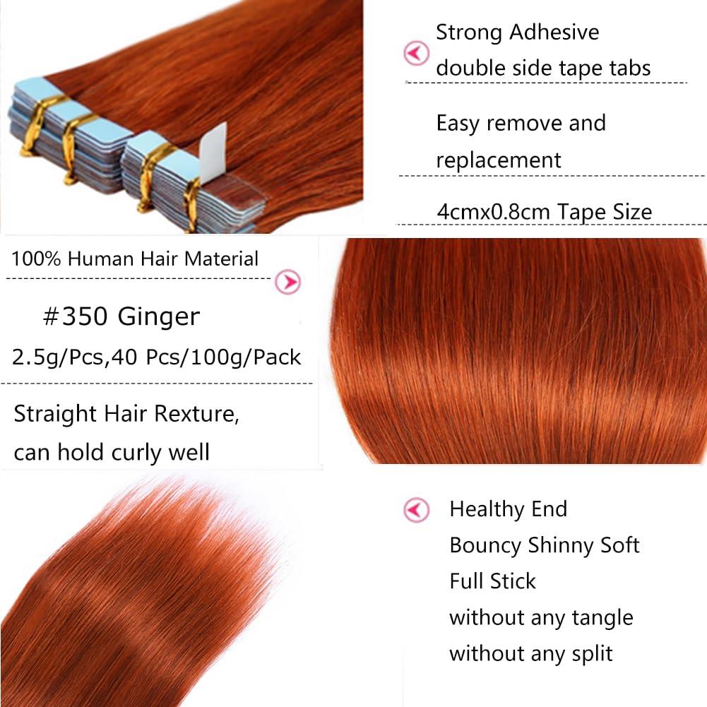 Kiss darling LASHES Orange Hair Extensions Real Human Hair Tape in 22 Inch #350 Ginger Tape in Hair Extensions Human Hair for Women Long Tape in Hair Extensions Human Hair Straight 100g