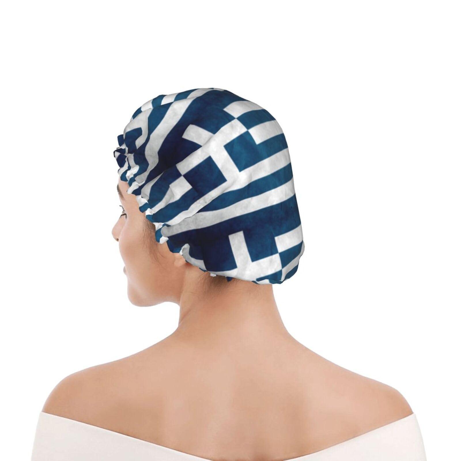 XTUAG Greek Flag Shower Cap For Women, Elastic And Reusable,Double Waterproof Layers Bathing Hat