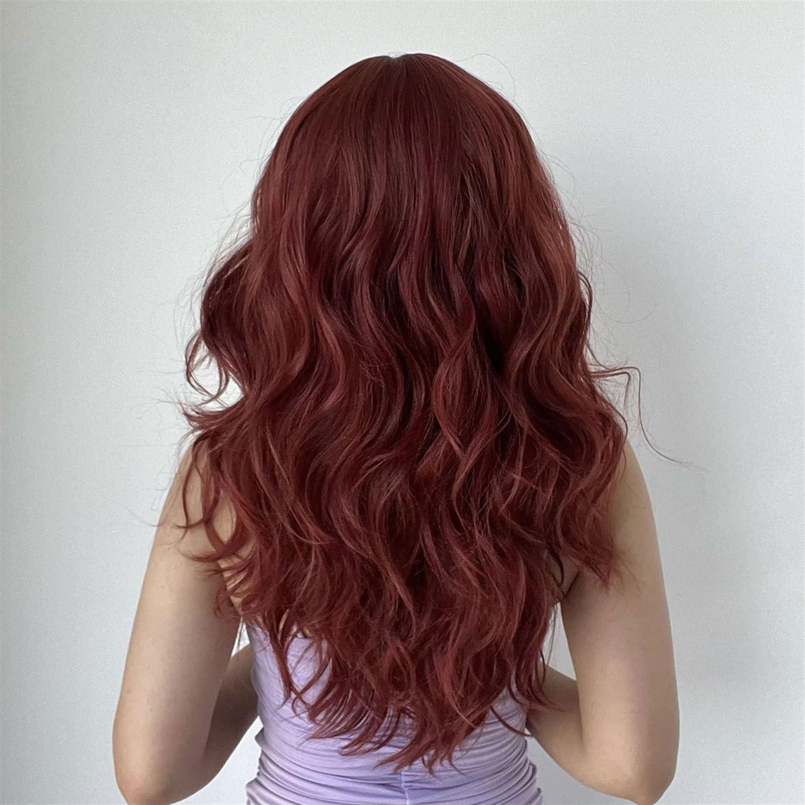 CLoxks CLoxks Wigs Dark Red Wigs with Bangs Long Wave Synthetic Wig High Quality Cosplay Lolita Women Wigs Natural Hair Heat Resistant Lace Wigs