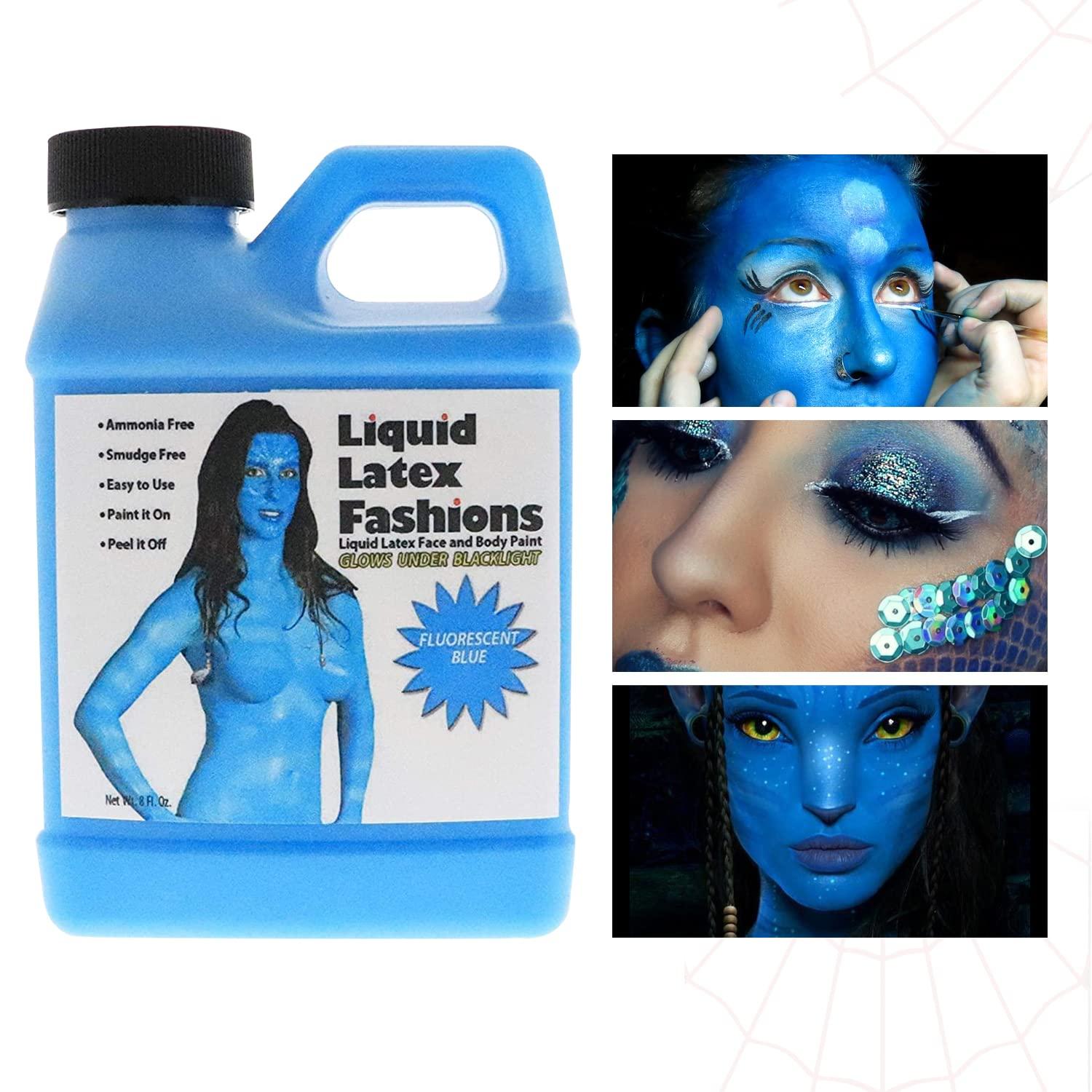 Liquid Latex Fashions Fluorescent Blue 8 Oz - Liquid Latex Face and Body Paint, Black Light UV Reactive GLOW, Ideal for Cosplay, Costumes, Concerts, Halloween and Theater, Parties!