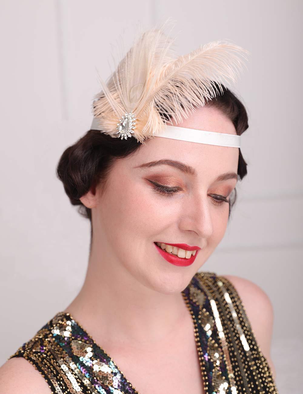 Aimimier Aimimier 1920s Flapper Peacock Feather Headband Pink with Elastic Band Costume Themed Party Feather Headpiece Hair Jewelry for Women and Girls