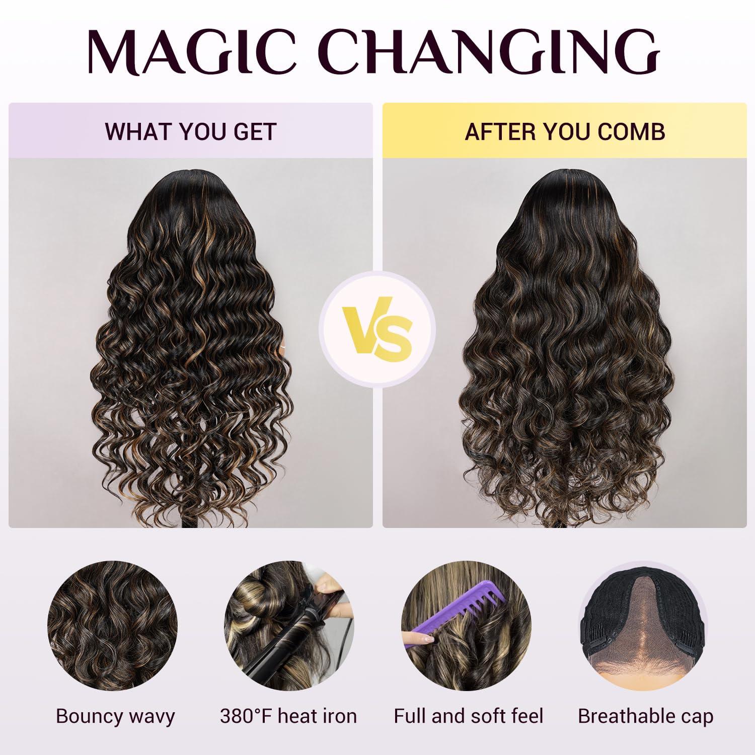 TESLAL TESLAL Balayage Wear and Go Glueless Wig Pre Cut HD Lace 6X6 Lace Wig 26 Inch 260% Density 1B/27 Highlight Body Wave Human Hair Blend Premium Fiber Wigs By Crafted Technology