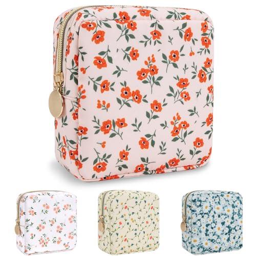 Nylon Mini Floral Makeup Bag for Purse Small Cute Pink Makeup Bag Preppy Flower Cosmetic Zipper Pouch Waterproof Travel Coin Pouch Sanitary Napkin Storage Bag Makeup Organizer for Women Pink Floral