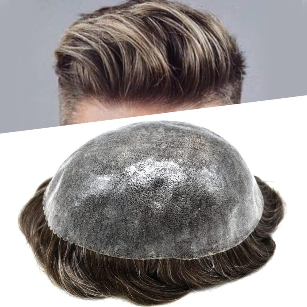 JUSTHAIR Toupee for Men Hair Replcement System Mens Toupee Full Poly Thin Skin Human Hair Piece All PU Injection Toupee Hair Systems (8X10", 340 3# DARK BROWN WITH 40% SYNTHETIC GREY)