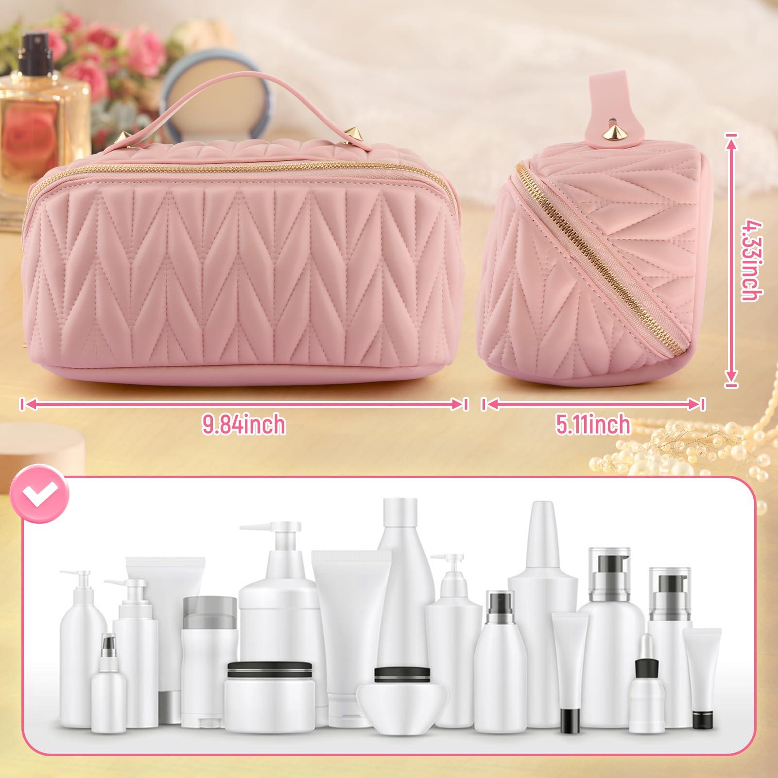 QLoztyse QLoztyse Lay Flat Makeup Bag - Portable Large Capacity Travel Cosmetic Bags Waterproof PU Leather Toiletry Organizer with Handle and Divider for Women, Pink