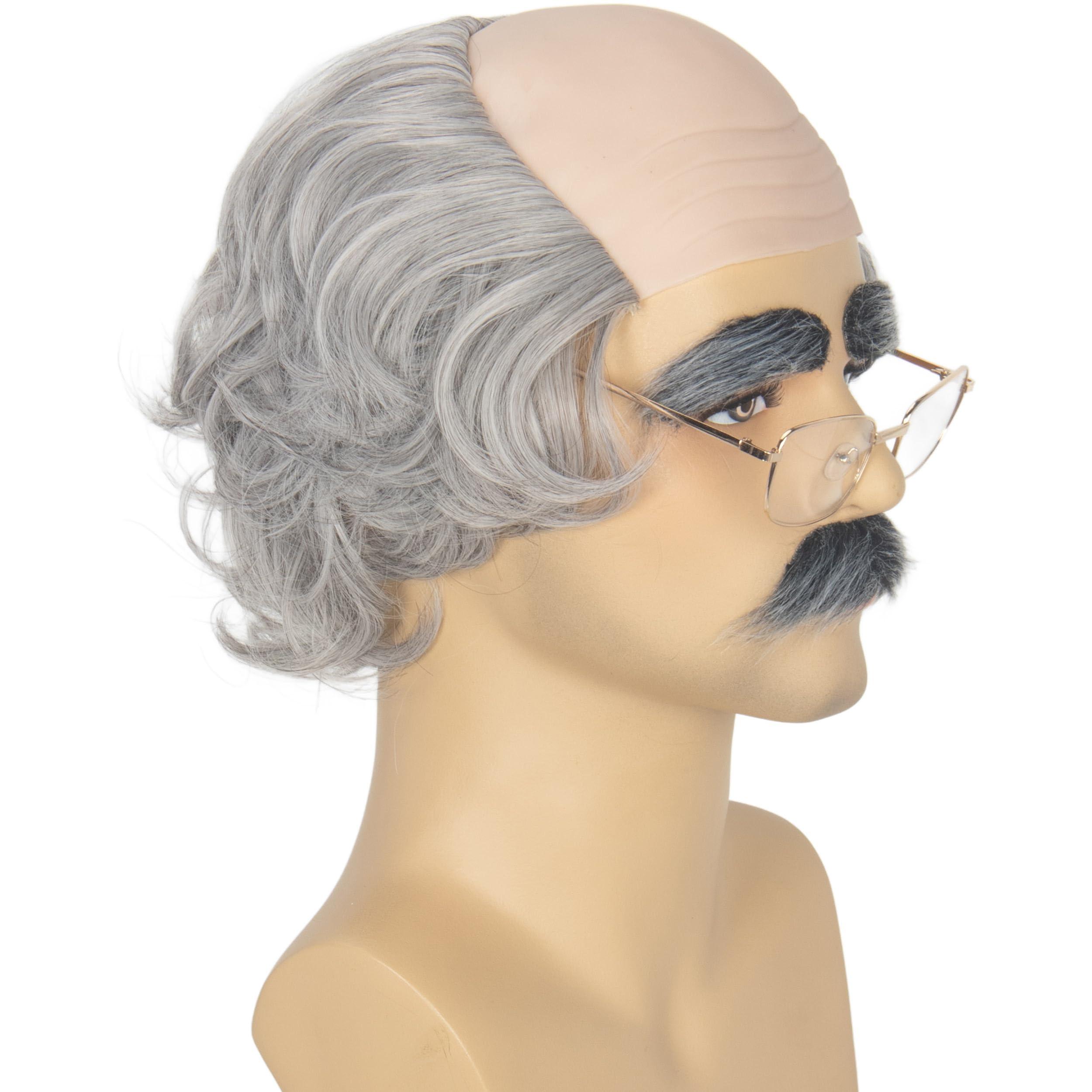 M MISS U HAIR Miss U Hair Old Man Wig and Mustache Eyebrows Funny Wigs Short Grey Bald Cap With Hair On Sides Balding Grandpa Wig