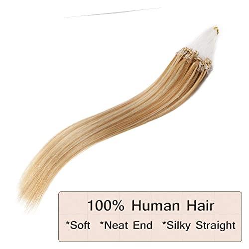 Benehair Benehair Micro Ring Human Hair Extensions Straight Micro Beads Hair Extensions Golden Brown&Bleach Blonde #12P613 50g 24Inch Remy Micro Loop Hair Extensions
