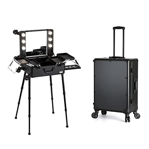 HJXGQJM HJXGQJM Aluminum Trolley Makeup Train Case With LED Lights Professional Cosmetic Organizer Studio With Wheels And Stands Rolling Lighted Makeup Vanity Station For Travel,black cosmetic case