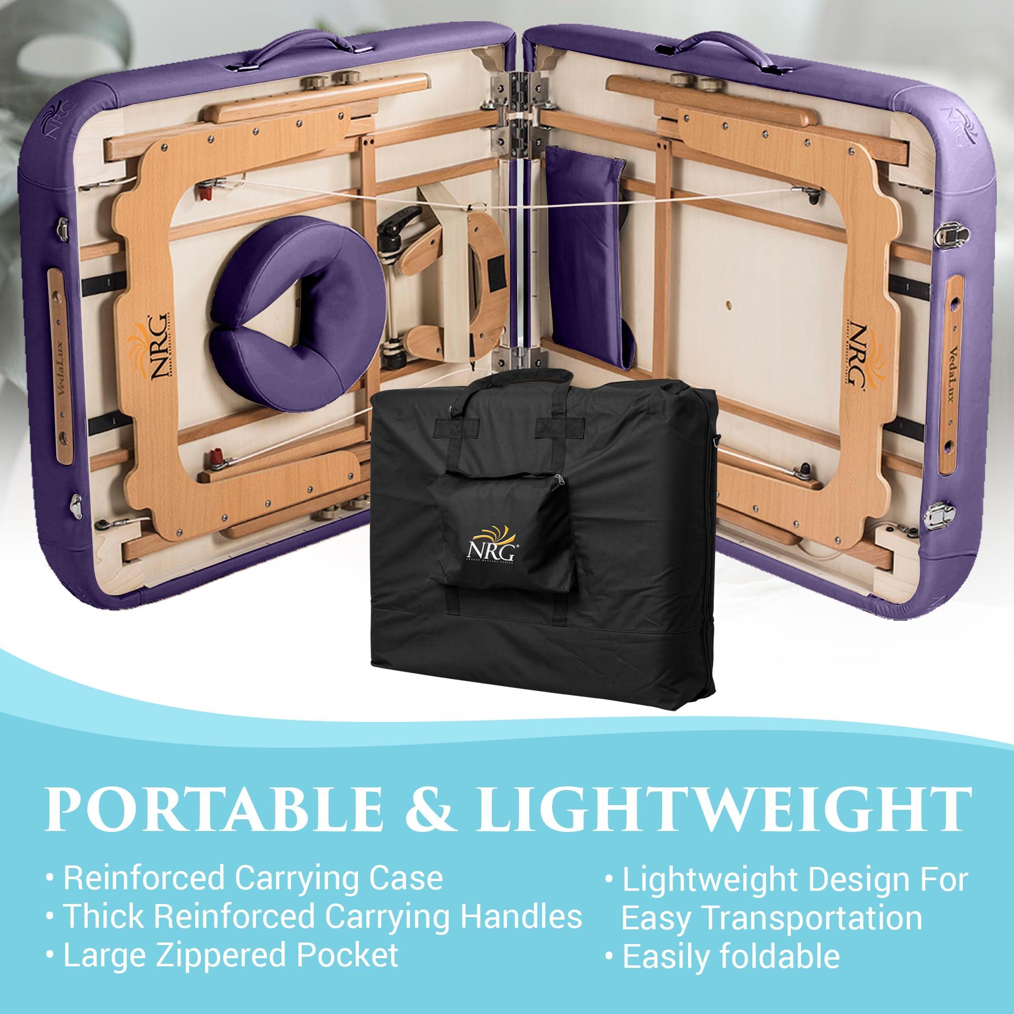 NRG NRG Vedalux Portable Massage Table Package Purple - Folding Massage Bed Lightweight Massage Table - Professional Massage Table Spa Bed, Face Cradle, Hanging Armrest, & Carrying Case