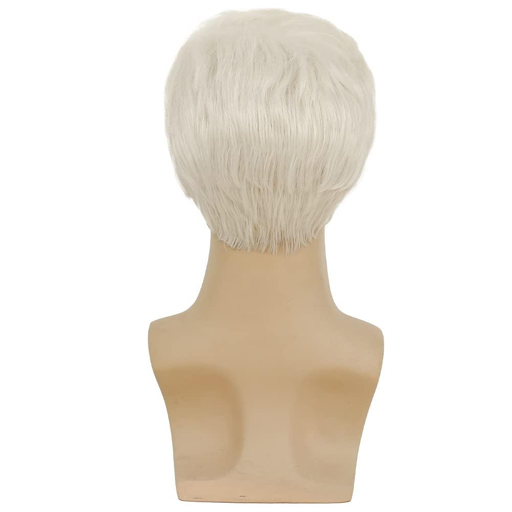 Swiking Swiking Mens White Wig Short Straight Natural Old Men Realistic Layered Hair Wig Daily Cosplay Replacement Wigs s(White)