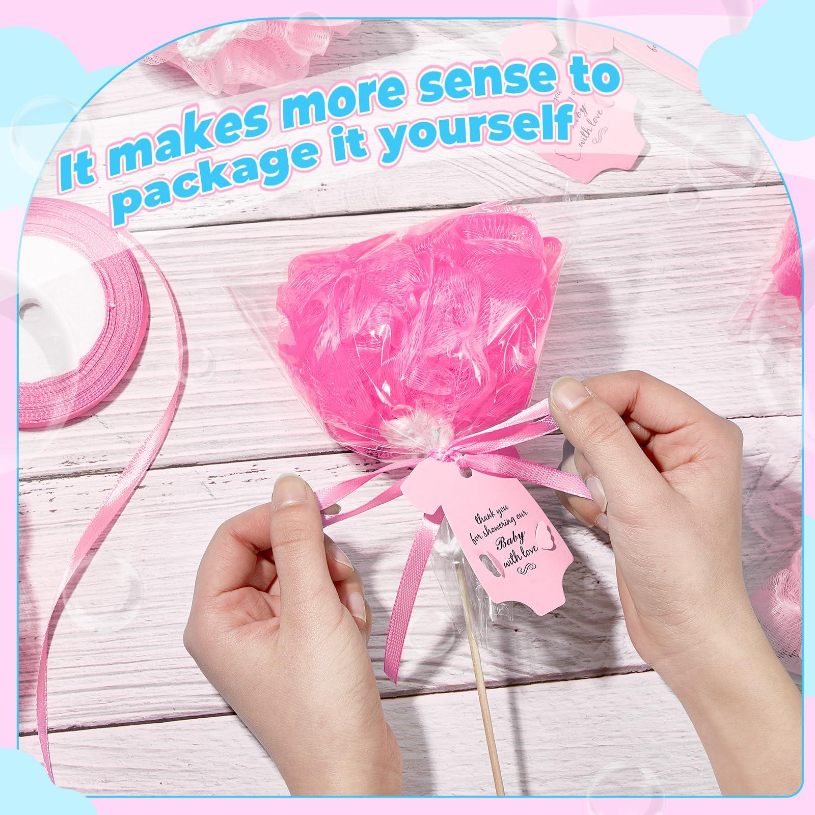 Pickmesh Pickmesh 24 Sets Baby Shower Party Favors for Guests, 30g Baby Loofah Sponge Bulk with Tags Kit, Table Centerpieces for Boys Girls Baby Shower Gender Reveal Party Game Prize Return Gift(Pink)
