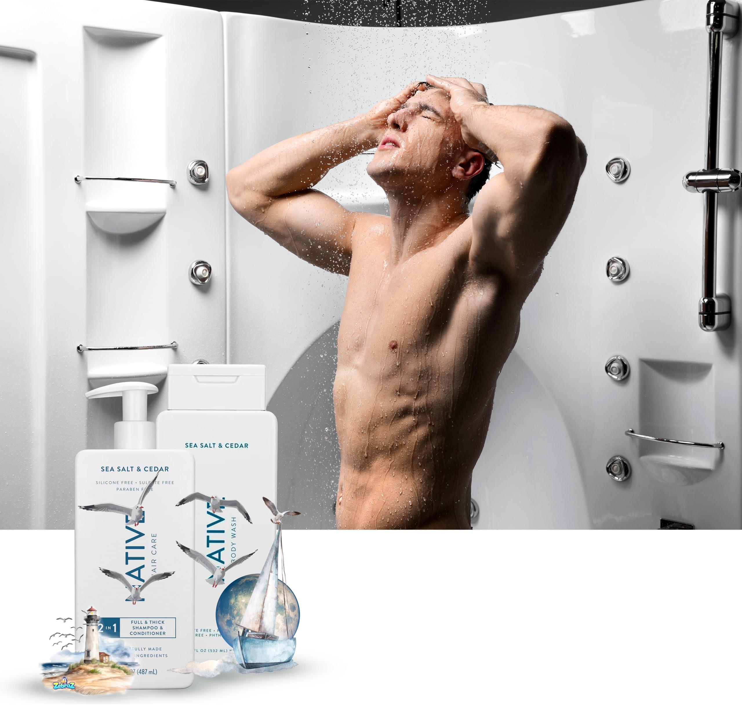 Hair Care And Body Wash Native - Hair and Body Wash - 2 in 1 Shampoo and Conditioner And Body Wash - Sea Salt & Cedar - Contain Naturally Derived Ingredients | All Hair - 16.5 and 18 FLOz - Pack Of 02