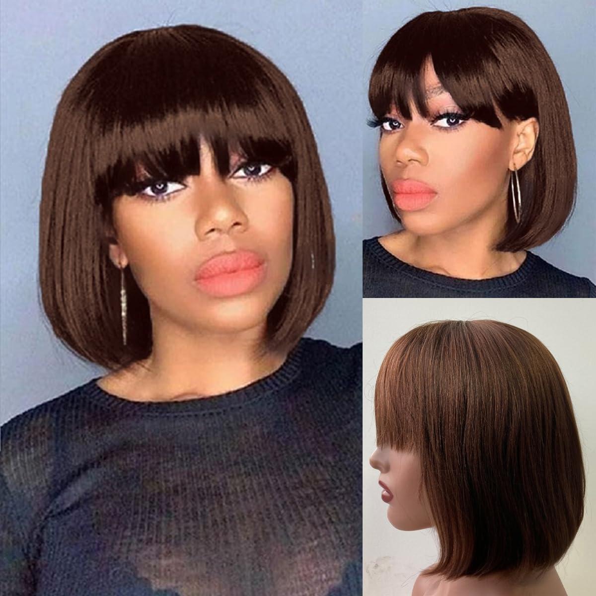 NICMISS NICMISS Chocolate Brown Human Hair Wigs with Bangs Short Bob Wig Human Hair 14 Inch Straight Bob Wigs for Black Women Human Hair Glueless None Lace Front Brazilian Hair Dark Brown
