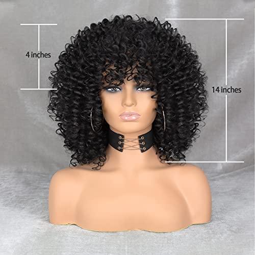 Xinran Xinran Black Curly Afro Wig for Women, Kinky Black Curly Wigs for Women, Natural Synthetic Curly Wig with Bangs