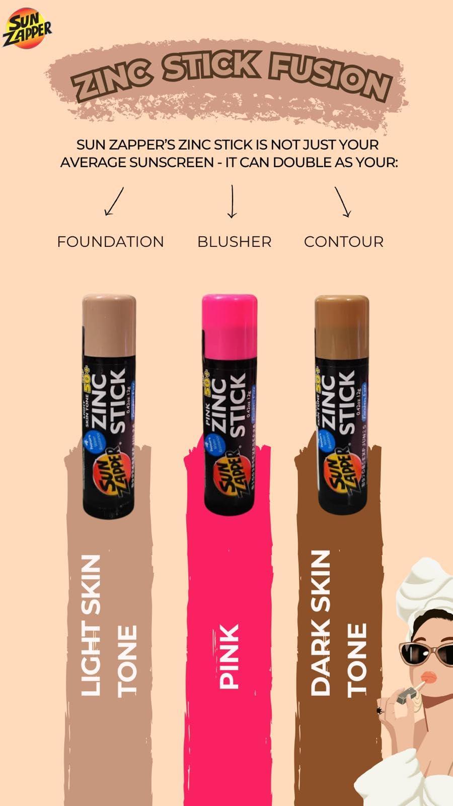 Sun Zapper Sun Zapper Beauty Pack  SPF 50+ Zinc Oxide Sunscreen Sticks  3-Pack (Light Skin Tone, Dark Skin Tone, Pink)  Broad Spectrum, Water Resistant  Made in Australia