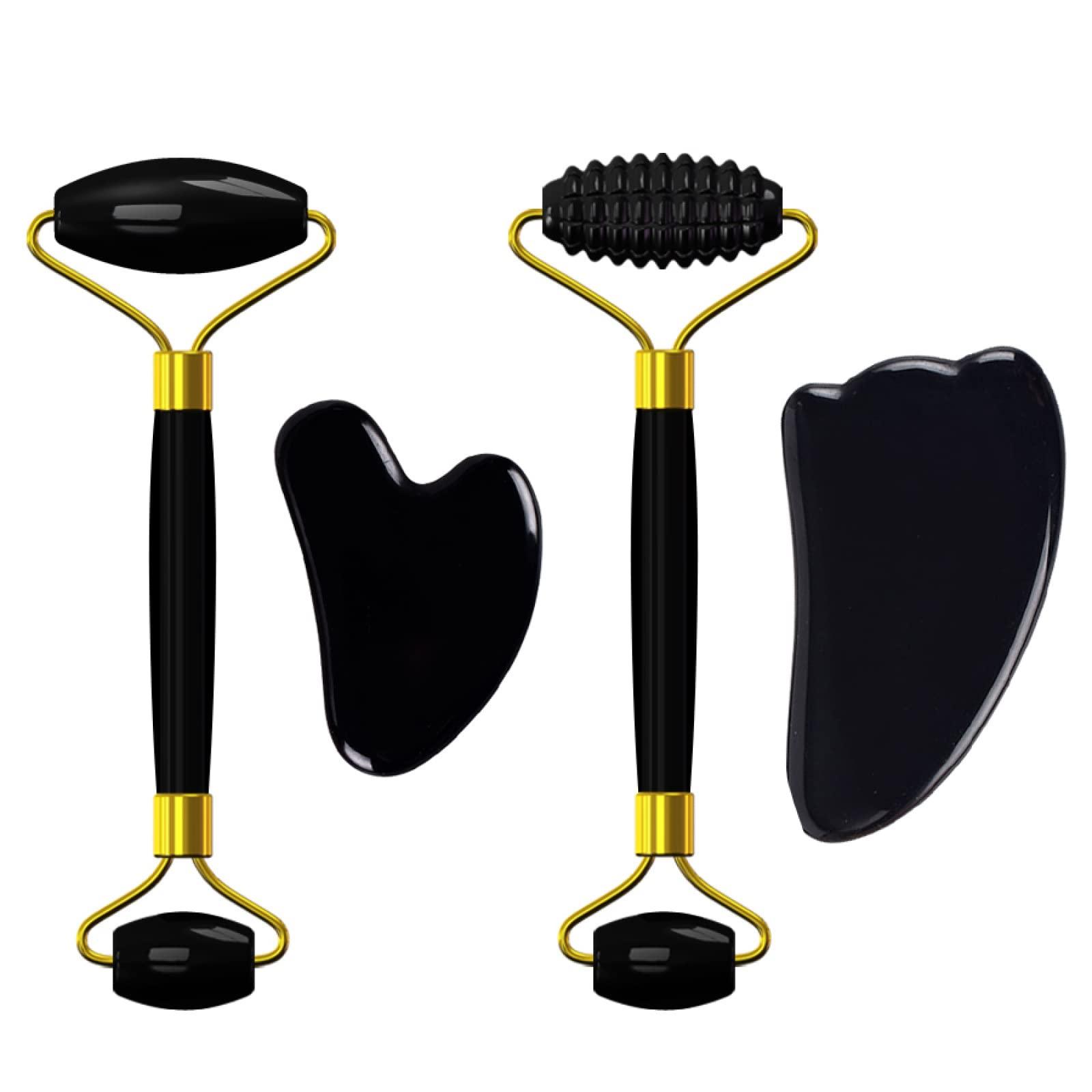 IDOBLO Natural Obsidian Face Mask Facial Care Massage Roller Gua Sha Board Black Crystal Eye Relax Care Tools,4in1 Set