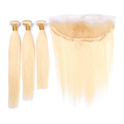 Generic Cloud Hair Blench Blonde 613 Color hair 3bundles With Lace Frontal 4Pcs Lot Blonde Ear To Ear Frontal And Human Hair Wefts Extension (14 14 14+12 inch frontal)