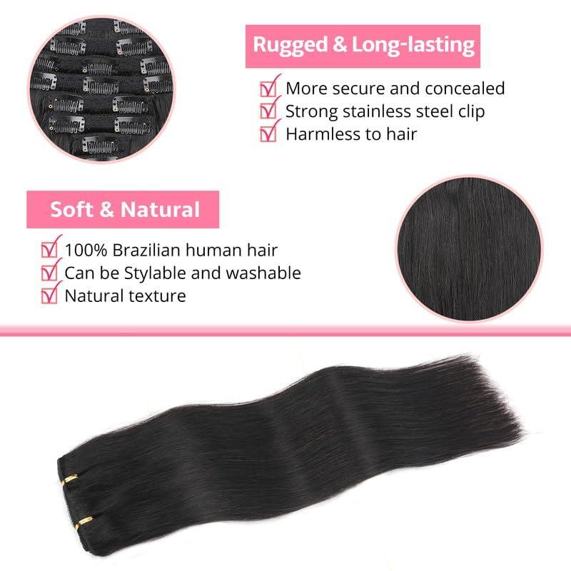 ShowJarlly Clip in Hair Extensions Real Human Hair Clip ins 100% Brazilian Remy Human Hair Extension for Women 8pcs Per Set with 20 Clips Double Weft (14 Inch #1B Natural Black)