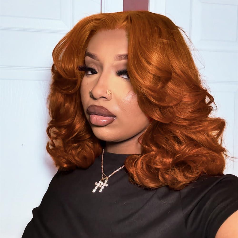 Tinashe Tinashe Glueless Wigs Human Hair Pre Plucked Pre Cut Reddish Brown Loose Body Wave Short Wig 65 Lace Pre-Bleached Knots HD Lace Front Wigs Human Hair for Black Women (#33 Reddish Brown - 14 inch)