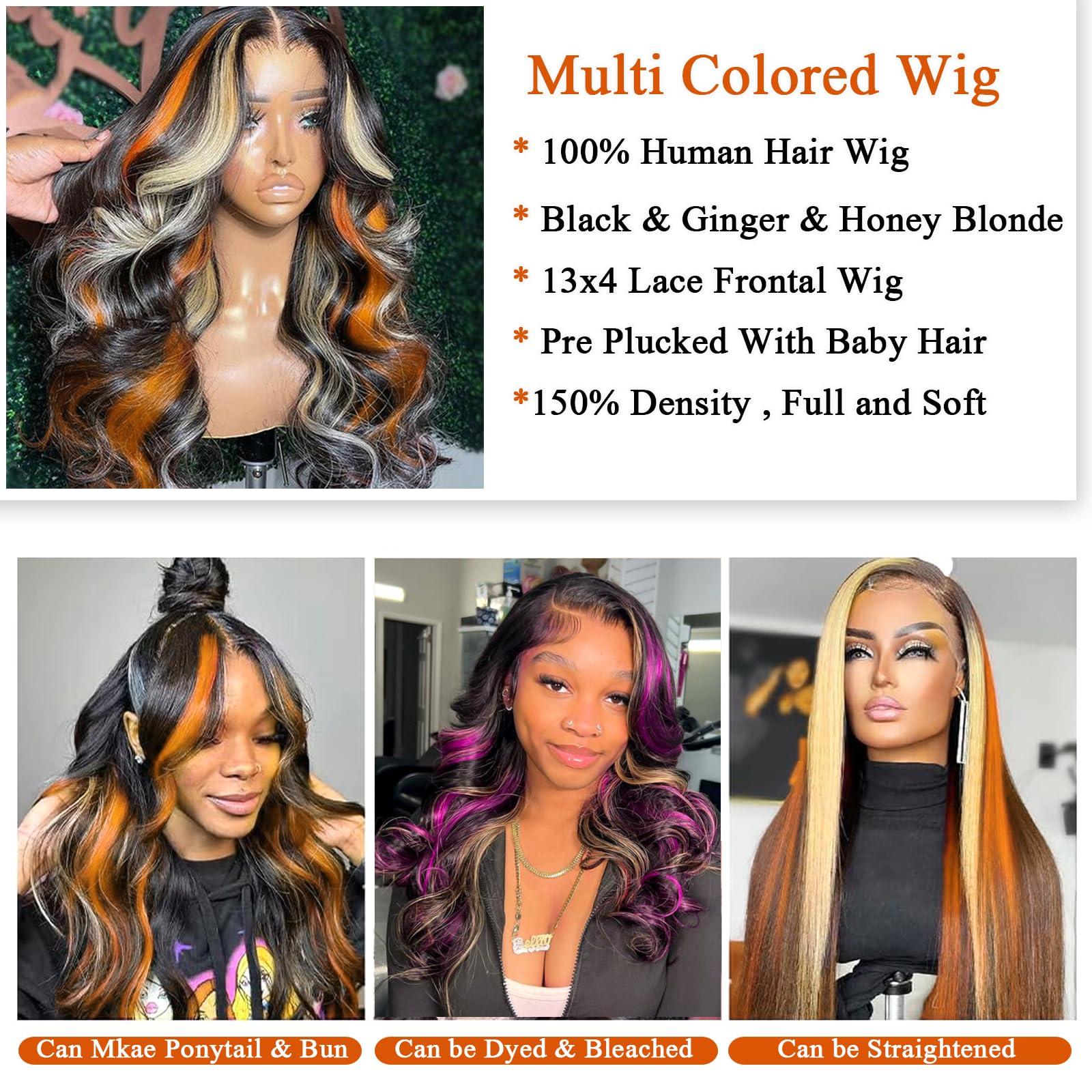 IHEREIN Black Ginger Blonde Highlight Wig Human Hair Lace Front Skunk Stripe Wig 13x4 Glueless Body Wave Lace Frontal Wig Pre Plucked For Women Black Highlights Honey Brown Ginger Wig 22 Inch 150% Density