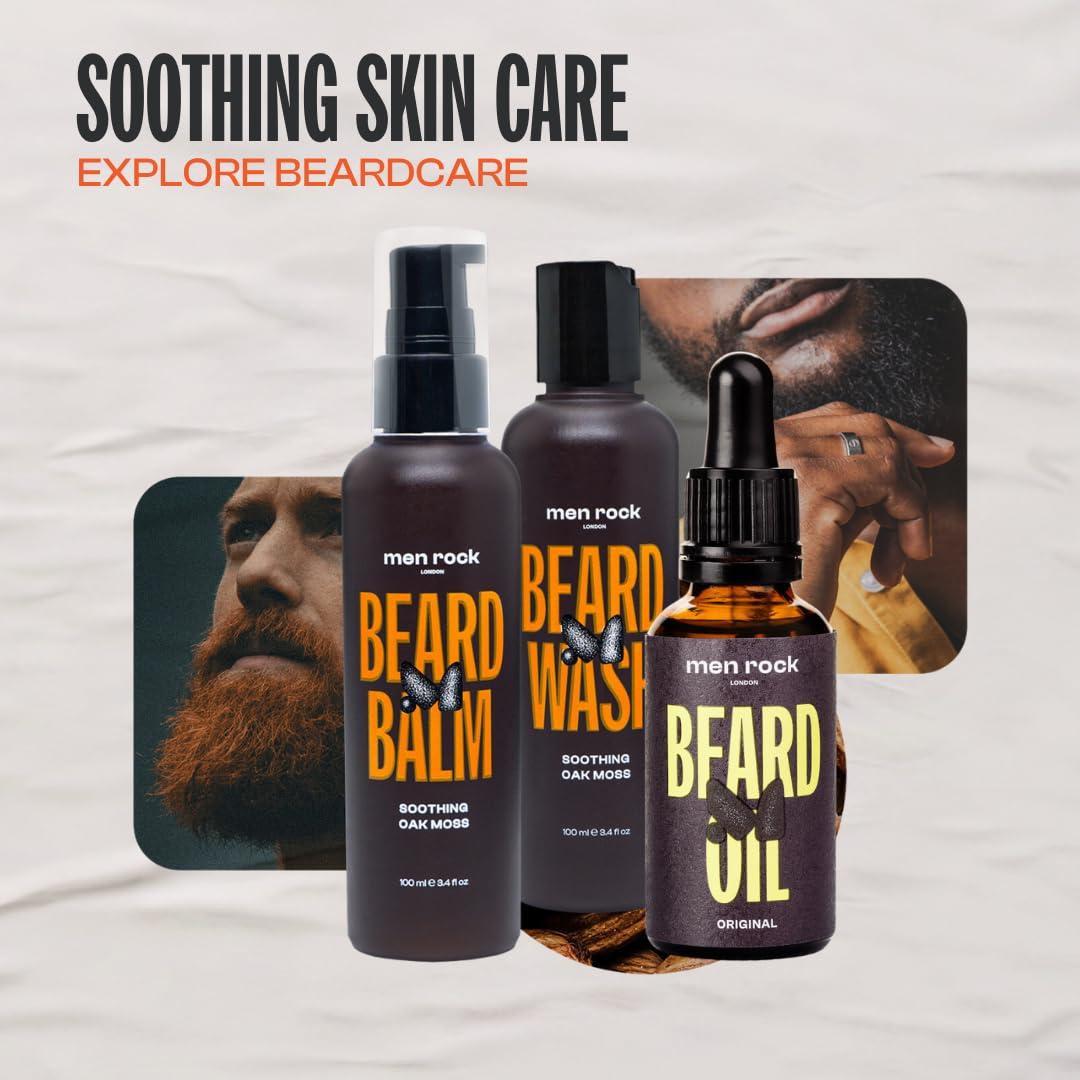 Men Rock Men Rock Beardy Beloved Soothing Essential Beard Kit - Oak Moss for Men - 3 Pc 3.4oz Soothing Beard Wash - Oak Moss, 3.4oz Soothing Beard Balm - Oak Moss, 1oz Beard Oil - Original