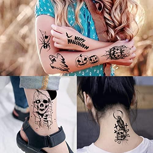 Shegazzi Shegazzi 52 Sheets Halloween Temporary Tattoos For Kids Boys Girls Women Men, 3D Scary Skull Skeleton Fake Tattoos Sticker For Adults, Small Ghost Vampire Bat Pumpkin Spider Temp Transfer Tatoos Devil