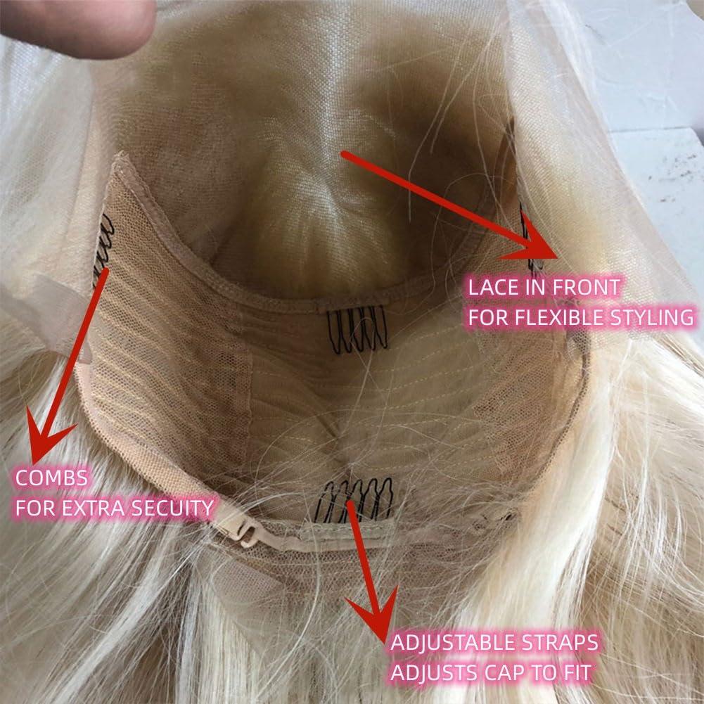 Veally Platinum Blonde Synthetic Lace Front Wig Pre Plucked Ready to Wear 13x4 HD Glueless Straight Lace Front Wig for Women Natural Looking Synthetic Heat Resistant Fiber Platinum Blonde Wig (26 Inch)