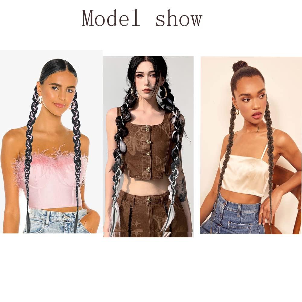 QIAORUIXIN 2PCS Long Braided Ponytail Extension, Fashion style twist Butterfly Braided with Hair Tie Straight Wrap Around Hair Extensions Ponytail Natural Soft Synthetic HairPiece for Women Black Highlights grey