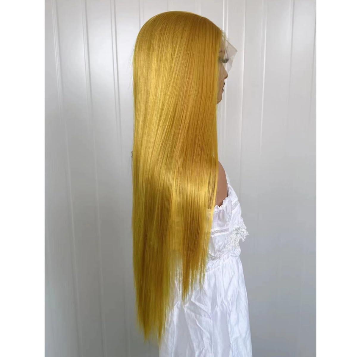 Greenmirr Greenmirr Yellow Lace Front Wig 13X4 Lace Long Straight Heated Synthetic Golden Blonde Lace Wigs 24in