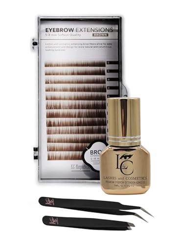 KC Republic Eyebrow Extensions Premium Kit with 1 x Trays of Mink Eyebrows in Brown Comes on Mixed Length Trays 5-8 Mm Mix, Eyebrow Premium Glue Clear & Dual Pack (Straight & Curved Tip) Extension Tweezers