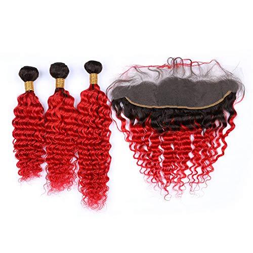 Tony beauty hair Tony Beauty Hair Black to Red Ombre Brazilian Virgin Human Hair Weaves Deep Wave with Frontal 3Bundles 1B/Red Ombre Deep Wavy Hair Wefts with 13x4 Lace Frontal Closure 4Pcs Lot (18 20 22+18)