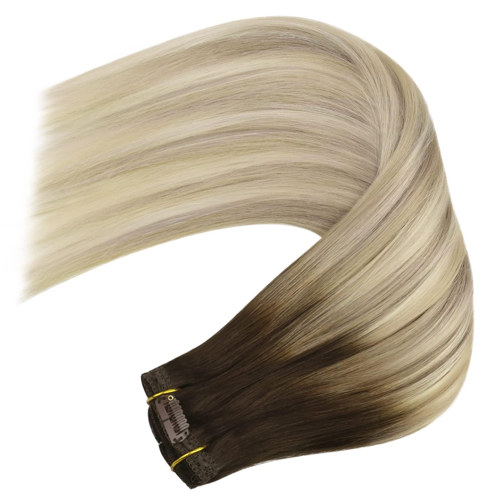 YoungSee YoungSee Clip in Hair Extensions Ombre Blonde Clip in Hair Extensions Real Human Hair Balayage Dark Brown Mix Blonde Straight Hair Extensions Clip ins for Short Human Hair Extensions 12Inch 7Pcs 80G