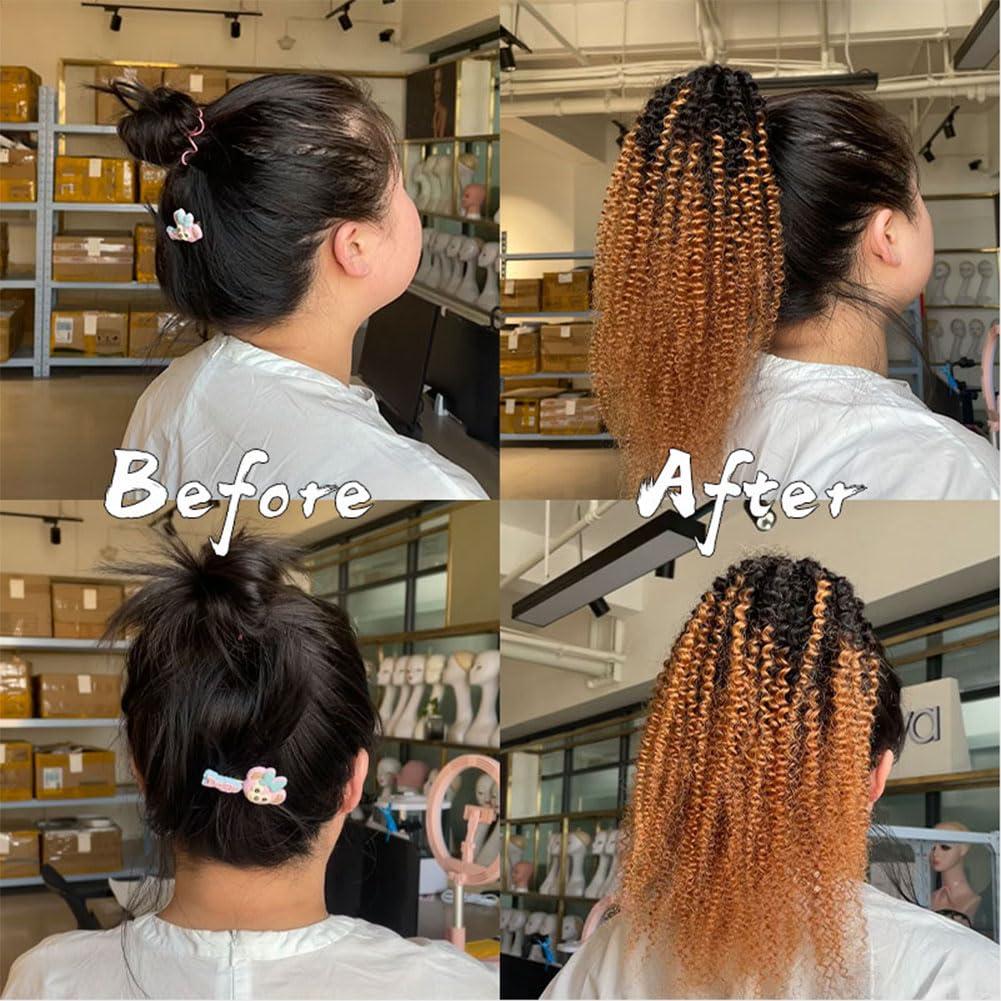 Kiss darling LASHES Two Tone 1b/30 Afro KInkys Curly Drawstring Ponytail Human Hair Extensions for Women 8inch 110g 4C Curly Clip On Ponytails Extension For Women Black to Light Auburn