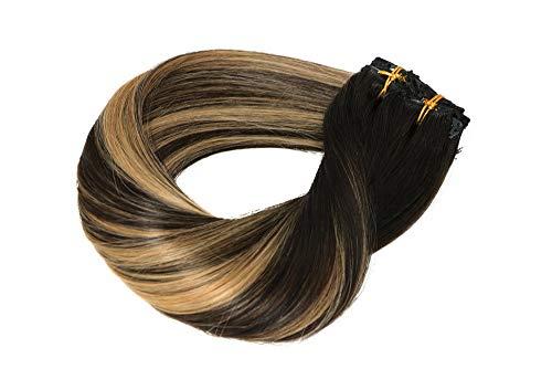 HUAYI HUAYI Caramel Highlights On Black And Natural Black Hair 120g 7Pcs Clip In Hair Extensions Human Hair Double Weft Thick End For Full Head No Tangle Silky Straight Balayage Hair (1271B#16'')
