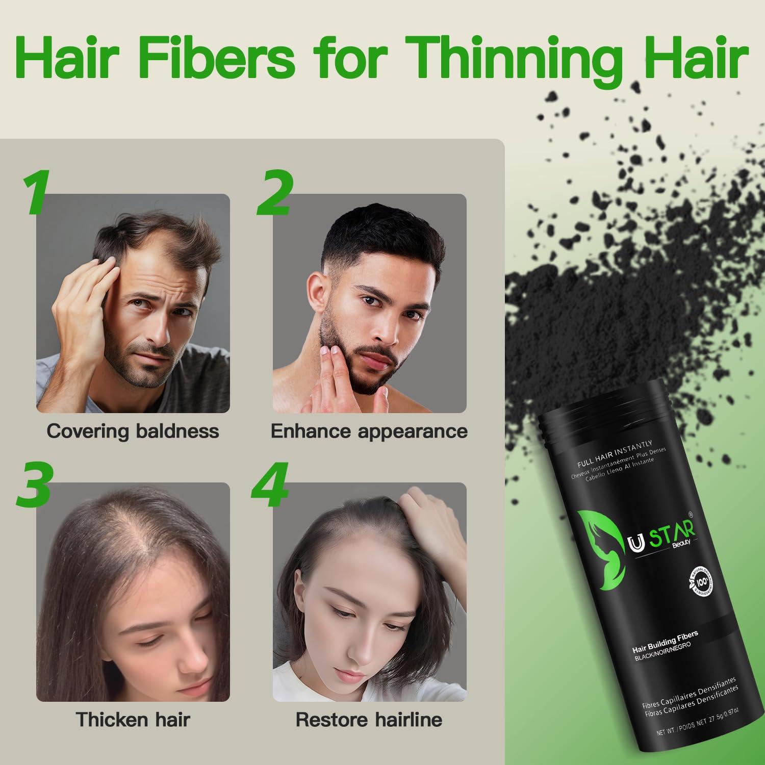 USTAR Hair Building Fibers Set, USTAR 5 in 1 Hair Fibers for Thinning Hair and Hair Fiber Spray, Natural Hair Filler Instantly Conceals Hair Loss, Hair Powder for Women & Men 27.5g (Black)
