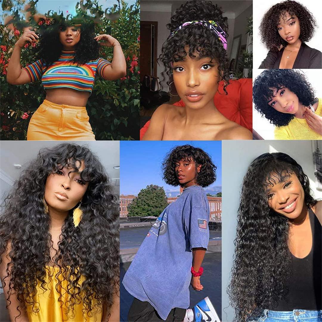 FInspiational Water Wave Wigs For Women Malaysian Curly Human Hair Wigs With Bangs Full Machine Made Wigs Glueless Remy Hair Wig 28inch