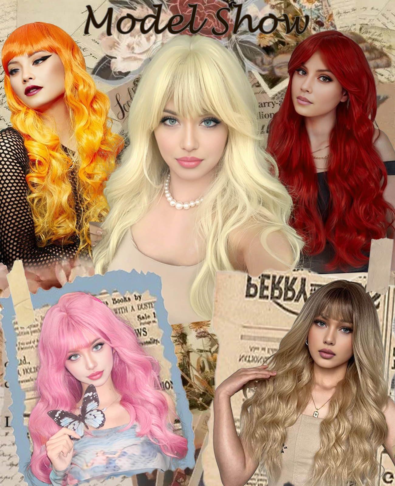 MeaYOO MeaYOO Long Blonde Wavy Wig with Bangs for Women, 26 Inch Long Blonde Curly Wavy Synthetic Wigs, Natural Looking Heat Resistant Wigs for Daily Party Use, Long Blonde Wavy Cosplay Wig, Halloween Wig