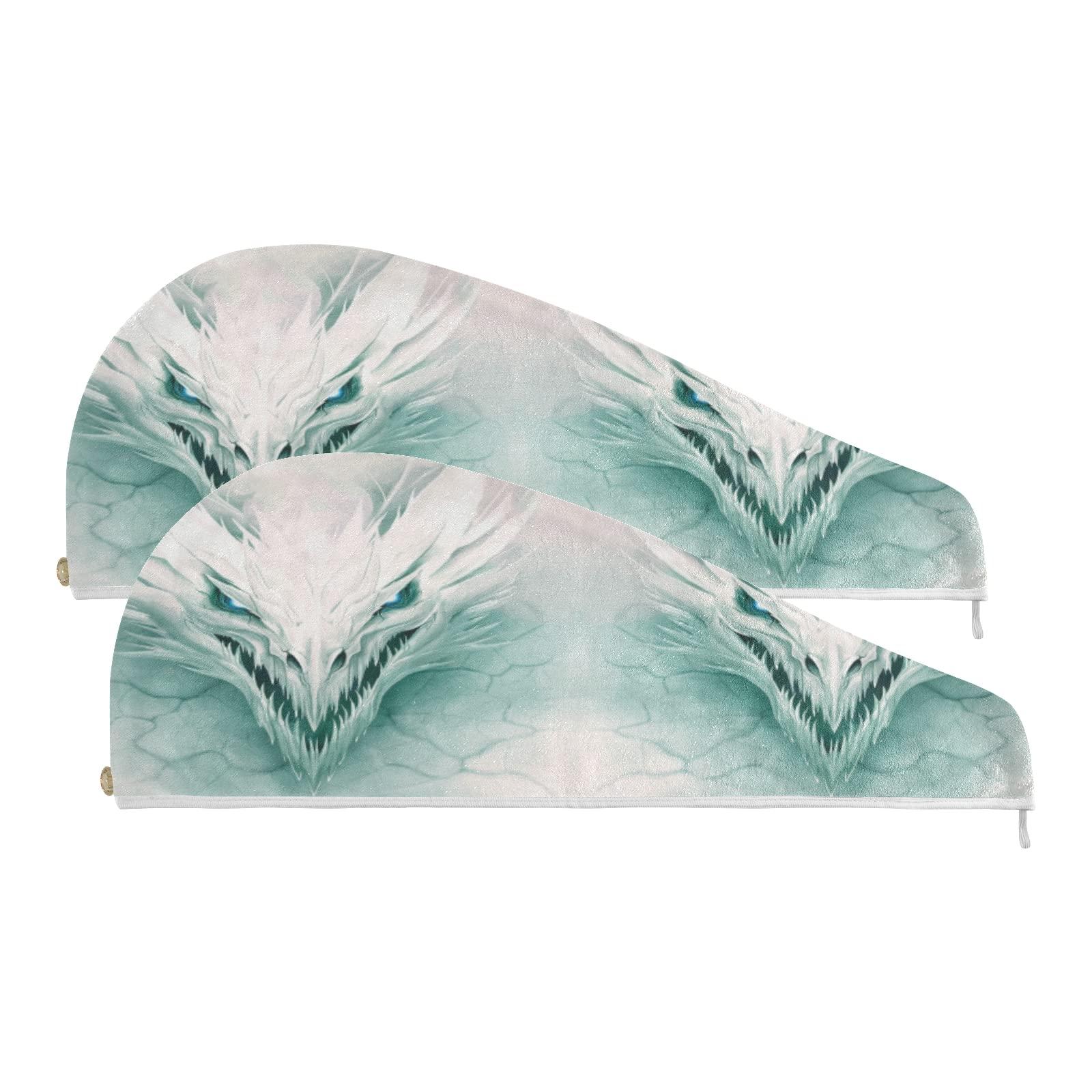 Poeticcity White Ice Dragon in White Stone Digital Painting Ripped Pattern 2 Packs Hair Towel Wrap, Absorbent Turban Bath Hair Towel Hat, Quick Drying Hair Towel with Button for Curly, Long, Thick Hair