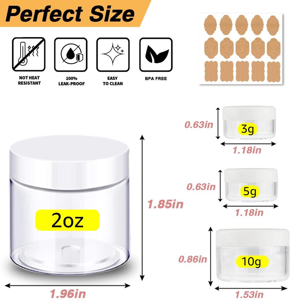 AMORIX 2 oz Plastic Containers with Lids 60pcs Plastic Jars with White Lids + 3/5/10 Gram 12pcs Sample Containers Travel Jar Great for Lip Scrub, Body Butters, Cream, Lotion (72 Pack)