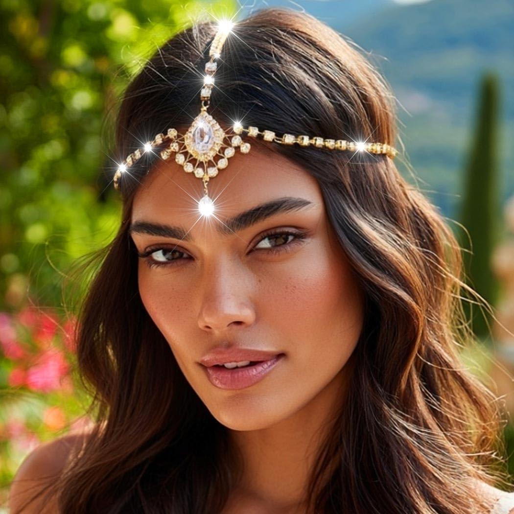 Catery Catery Head Chain Jewelry Crystal Hair Chains Boho Headpiece Pendant Head Chain Hair Jewelry Hair Accessories for Women and Girls (Gold)