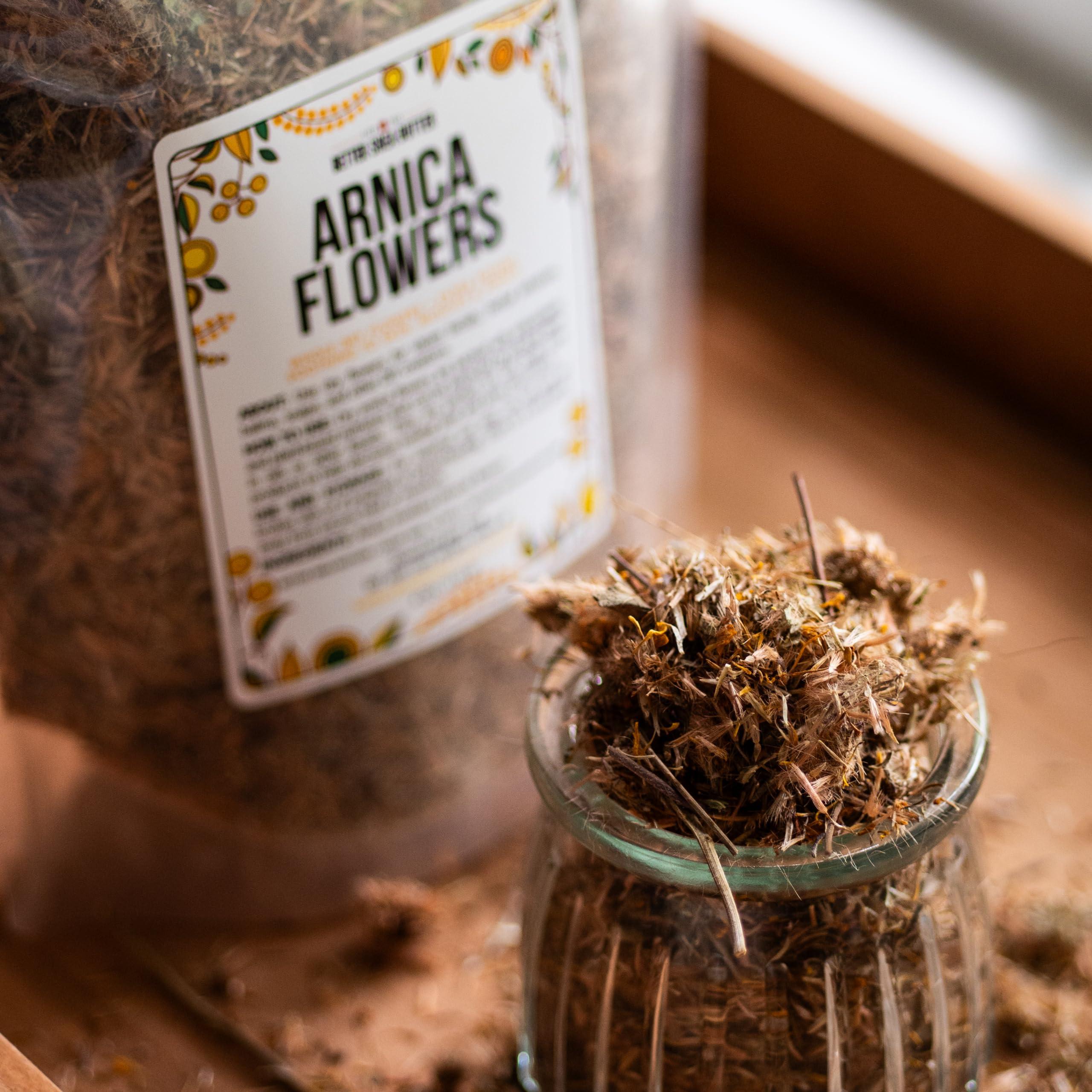 Better Shea Butter Arnica Flowers Dried for Making Arnica Tincture, Arnica Infused Oil, Poultices and Salves | 4 oz of Dried Herbs Bulk | Whole Flowers and Herbs in Resealable Pouch