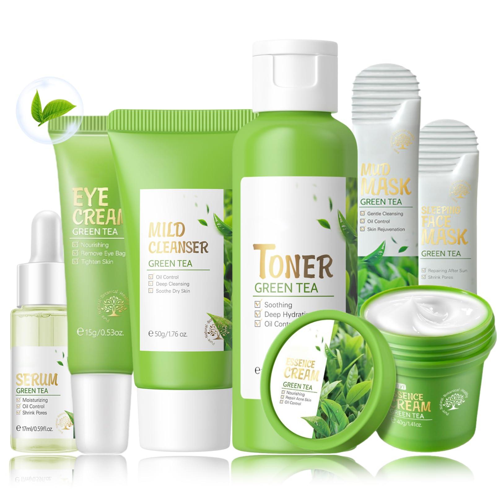 Evolvique Green Tea Skin Care Kit Teenage Girls Gifts - Teen Skin Care Set - Gifts for Women - with Face & Eye Cream, Toner, Serum, Cleanser Face Wash - Gift Set - Travel Essentials for Women (7PCS)