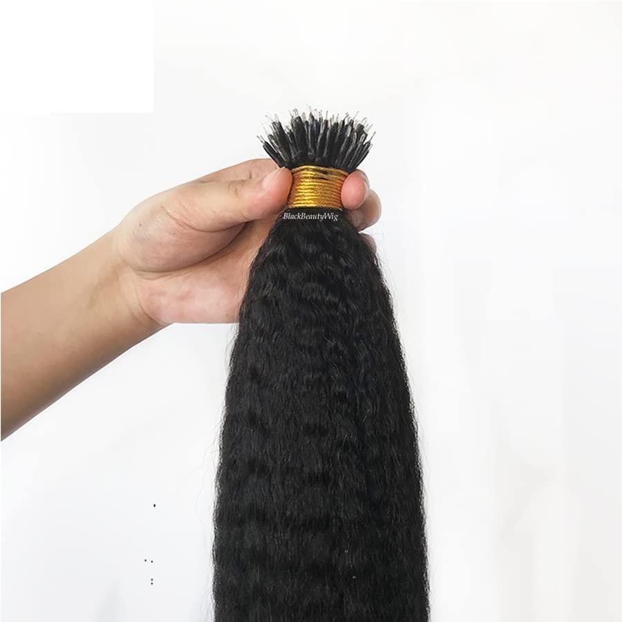 TPFHR Kinky Straight Nano Ring Human Hair Extension Micro Link Brazilian Remy Nano Tip Hair Coarse Italian Yaki For Black Women 100g 100strands (18inch 100strands, 1(Jet Black))